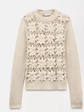 Zara Cream Crochet Floral Crewneck Sweater